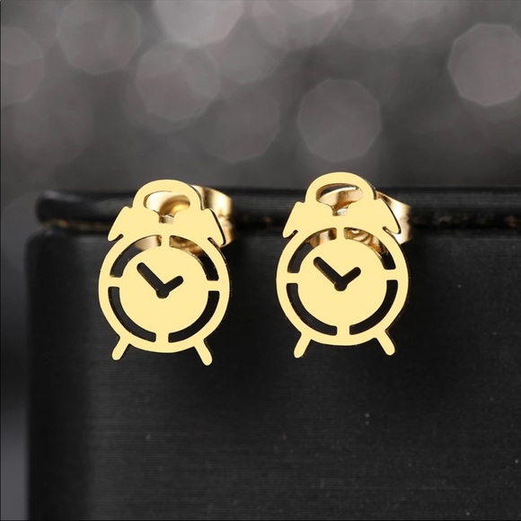 ALARM CLOCK GOLD Minimalist Stainless Steel Stud Earrings With Gift Bag - Picture 4 of 7